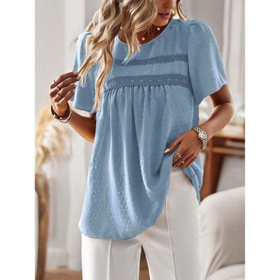 Summer Short Sleeve Smock Tops Tiny Embroidered Blouse Lightweight Crochet Breathable T-Shirts for Women Round Neck Lantern Sleeve Casual Tops