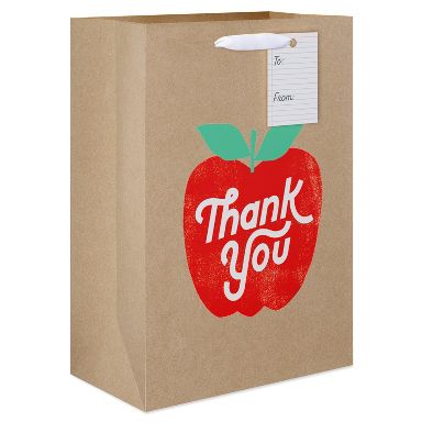 Medium Teacher Appreciation Gift Bag with To From Tag, Thank You Red Apple 10"x7"