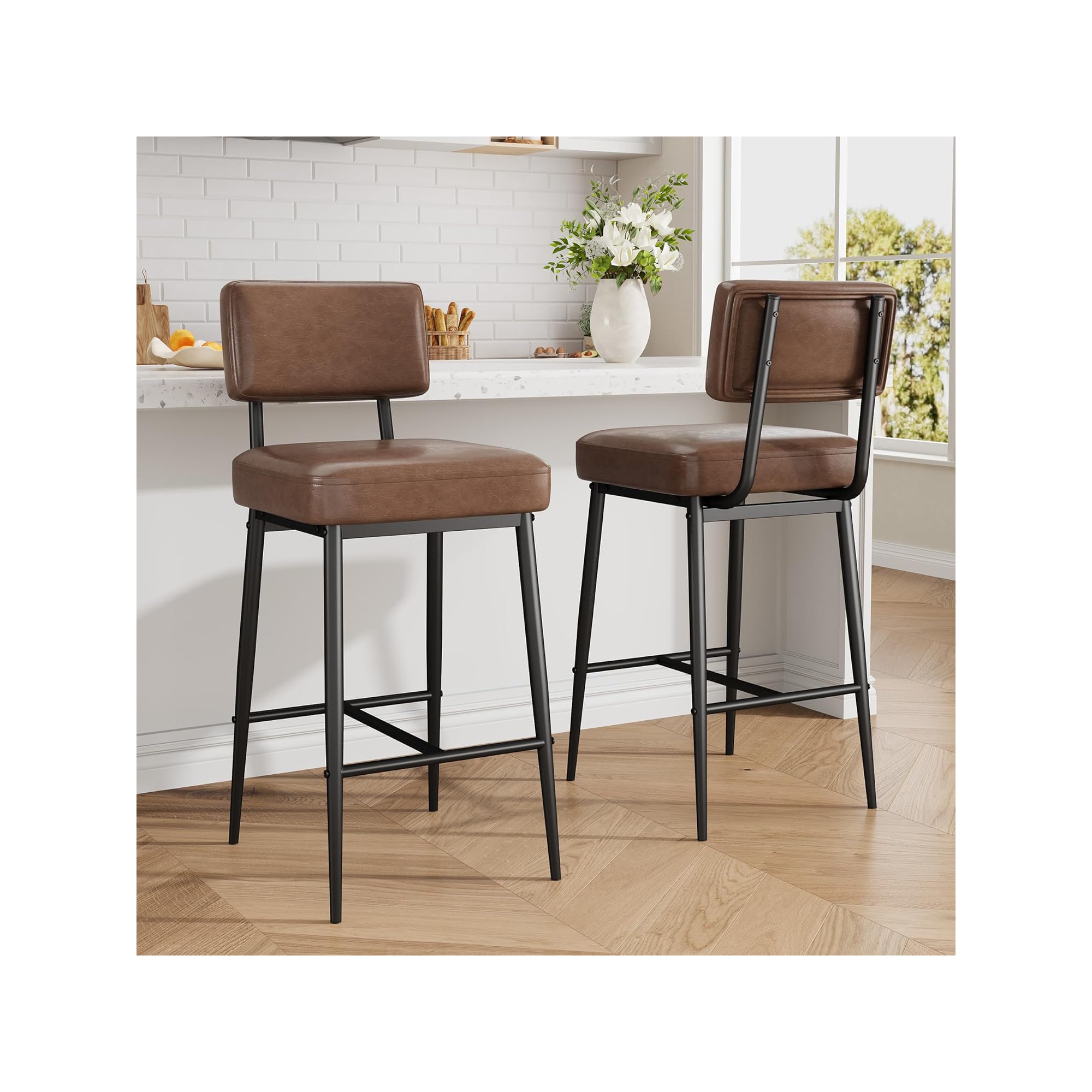 Bar Stools Set of 2, 26" Faux Leather Counter Height Bar Stool with Back, Metal Legs, Modern Upholstered Barstool Chairs,Brown