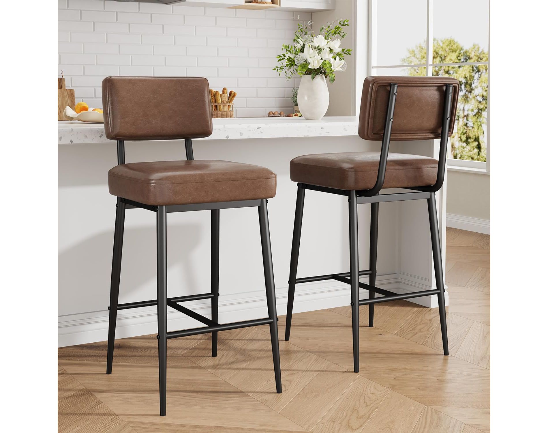 Bar Stools Set of 2, 26" Faux Leather Counter Height Bar Stool with Back, Metal Legs, Modern Upholstered Barstool Chairs,Brown