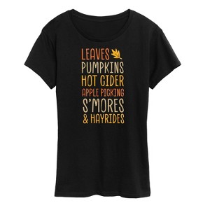 Women's - Instant Message - Fall Bucket List Leaves, Pumpkins, Hot Cider Short Sleeve Graphic T-Shirt - 1 of 4