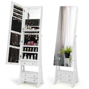 Tangkula Jewelry Cabinet Armoire Full Length LED Mirror w/ 6 Drawers & Makeup Shelf White - 1 of 4
