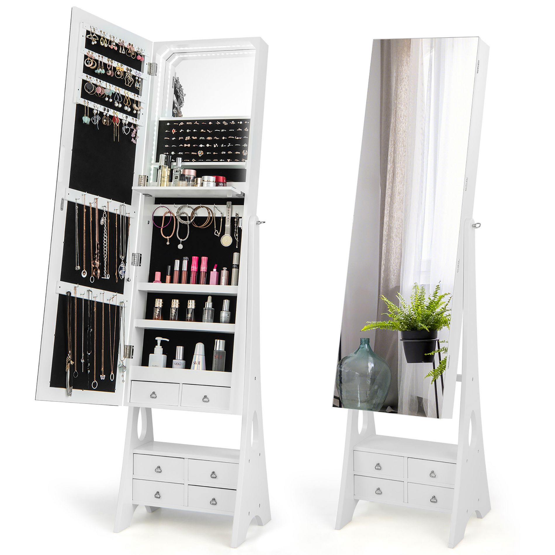Costway Jewelry Cabinet Armoire Full Length LED Mirror w/ 6 Drawers & Makeup Shelf White