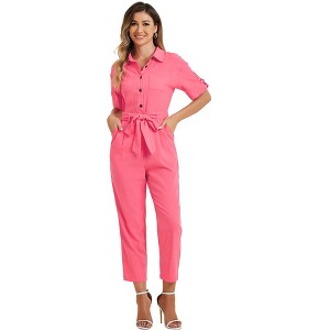 INSPIRE CHIC Women's Short Sleeve Collared Solid Color Button Down Tie Waist Cargo Jumpsuit - 1 of 4