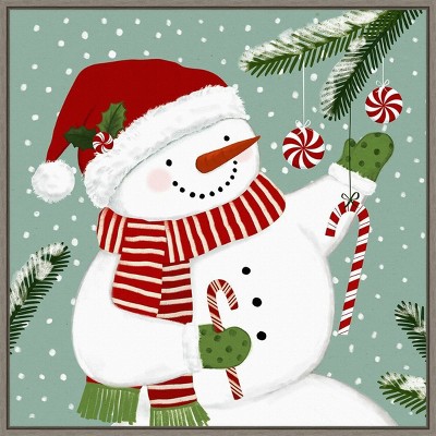 22" x 22" Peppermint Snowman I Framed Wall Canvas - Amanti Art