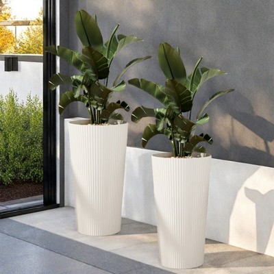 Sevobal Planter, Round Tall Planter with Drainage Holes, Weather-Resistant Planter for Porch Patio Backyard, 2PCS, White, 13"*13"*23.6"