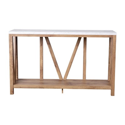 Farmhouse Marble and Warm Oak 2-Tier Console Table with Storage