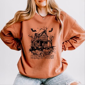 Simply Sage Market Haunted House Pumpkins And Bats Lightweight Garment Dyed Sweatshirt - 1 of 4