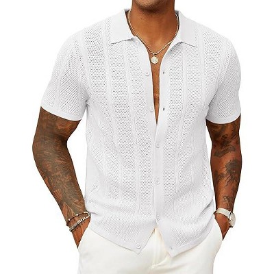 COOFANDY Mens Knit Button Down Shirts Casual Textured Polo Shirt Short Sleeve Vintage Summer Beach Tops