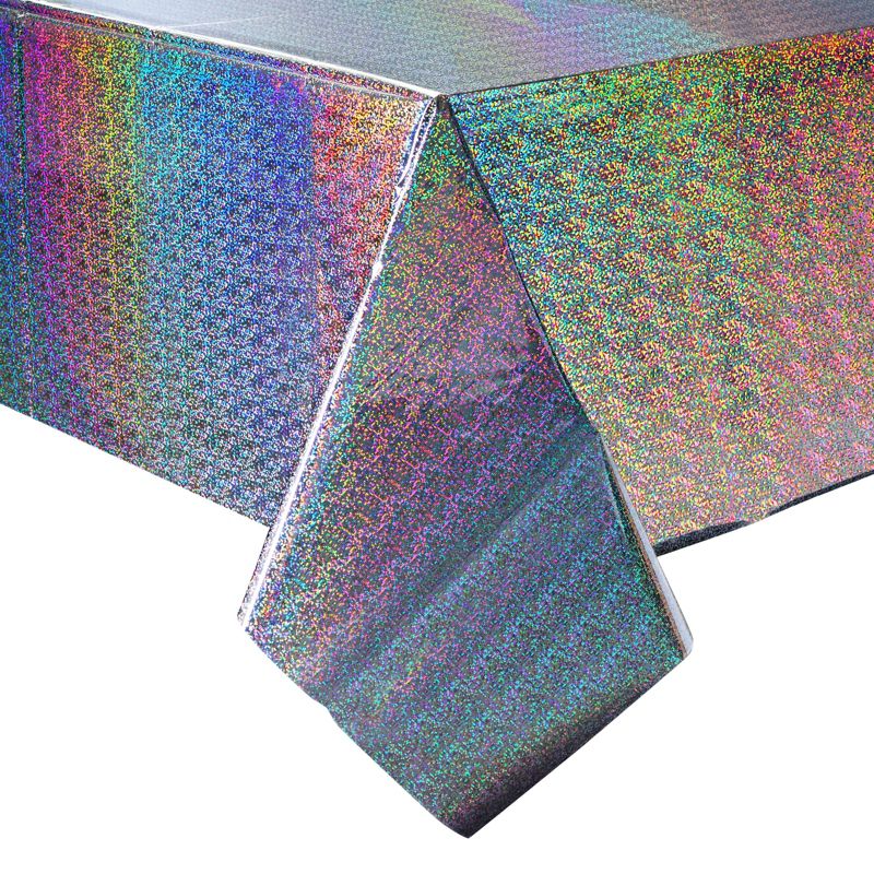 Sparkle and Bash 3-Pack Holographic Plastic Party Tablecloths, Silver Shiny Disposable Table Covers, 54"x108", 1 of 8