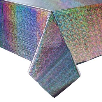 Sparkle and Bash 3-Pack Holographic Plastic Party Tablecloths, Silver Shiny Disposable Table Covers, 54"x108"