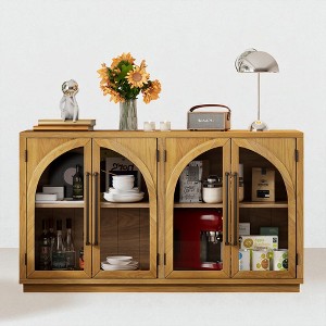 60" Retro Arched 4-Door Buffet Sideboard Cabinet with Glass Doors, Adjustable Shelves, and Wire Management for Dining Room, Kitchen, or Living Room - 1 of 4