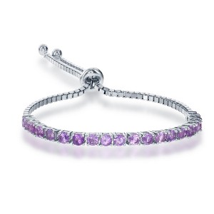 Bella Silver Sterling Silver, 3mm Half Tennis, Adjustable Bolo Bracelet - Amethyst - Purple - 1 of 2