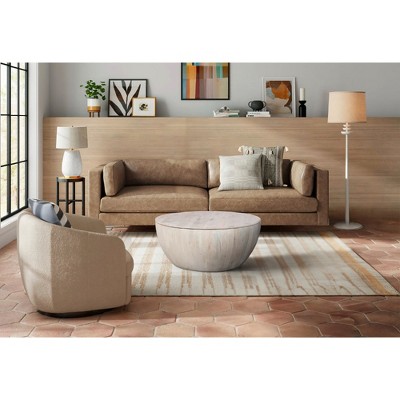 Royal Hampton 37 Inch Round Coffee Table, Handcrafted Drum Shape with Storage, Washed White Mango Wood