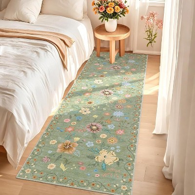 Area Rug, Washable Rugs for Living Room, Boho Floral Area Rug Low Pile Kitchen Rug, Non Slip Soft Indoor Flower Carpet for Nursery Bedroom