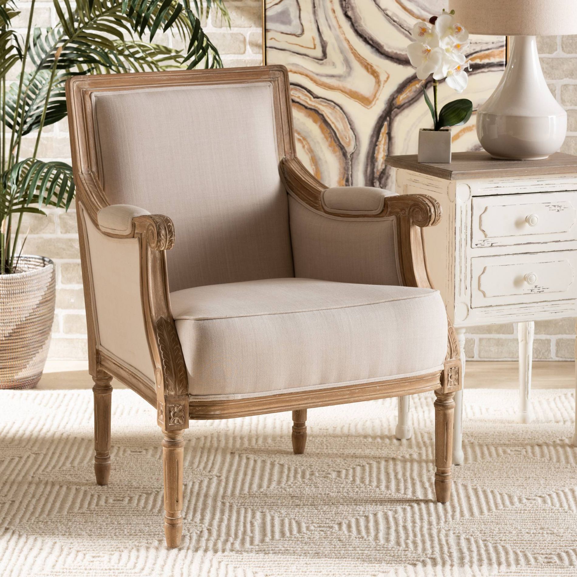 Chavanon Wood & Linen Traditional French Accent Chair Light Beige - Baxton Studio: No Assembly, Mindi Frame, Foam Cushion