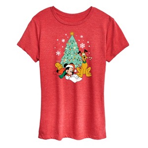 Women's - Disney - Mickey And Pluto Xmas Tree Short Sleeve Graphic T-Shirt - 1 of 4