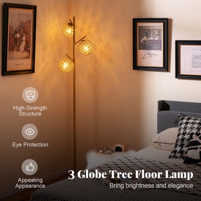 Golden 3-Globe Floor Lamp with Acrylic Shades and Metal Pole