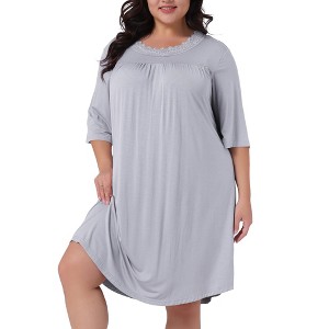 Agnes Orinda Women's Plus Size 3/4 Sleeve Sleepwear Lace Crew Neck Comfy Sleep Gowns Pleated Nightshirt - 1 of 4