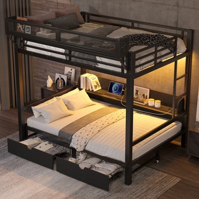 TIRAMISUBEST Queen over Queen / Full over Full Bunk Bed with Shelves and Drawers, Metal Bunk Bed with USB Ports and Lights