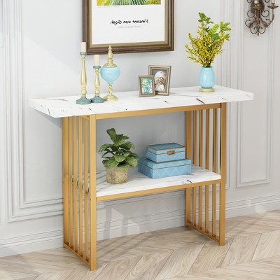 KTMBDW 2-Tier Console Table for Entryway, Faux Marble MDF Sofa Table with Metal Frame for Hallway Living Room