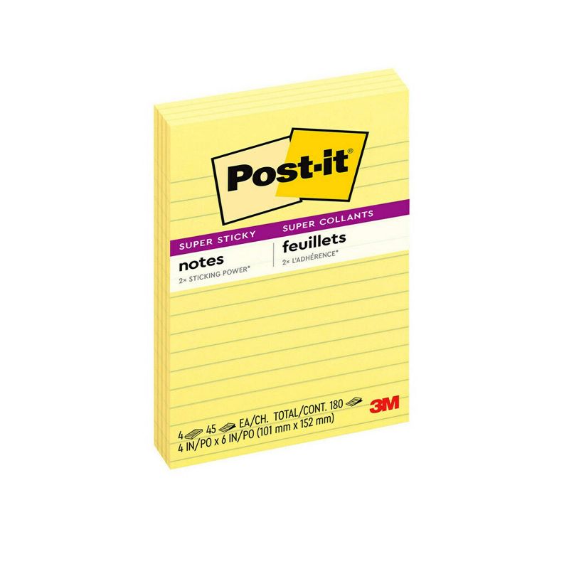 Post-it 4pk 4&#34; x 6&#34; Lined Super Sticky Notes 45 Sheets/Pad - Canary Yellow, 1 of 11