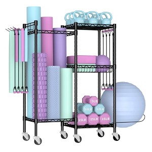 MOEPISY Dumbbell Rack, Home Gym Storage with Locking Wheels & 4 Hooks, 4 Tier Adjustable Workout Equipment Storage - 1 of 4