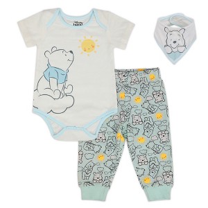 Disney Winnie the Pooh Baby Short Sleeve Bodysuit with Bib and Pants 3 Pack Set - 1 of 4