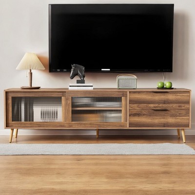 Modern TV Stand for 75"+ TV, Media Console with 2 Glass Doors, 2 Drawers & Storage Cabinet, Mid-Century Modern Entertainment Center for Living Room