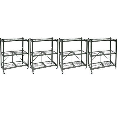 Origami R3 General Purpose Foldable 3-Tiered Shelf Storage Rack with Wheels for Home, Garage, or Office, Pewter (4 Pack)