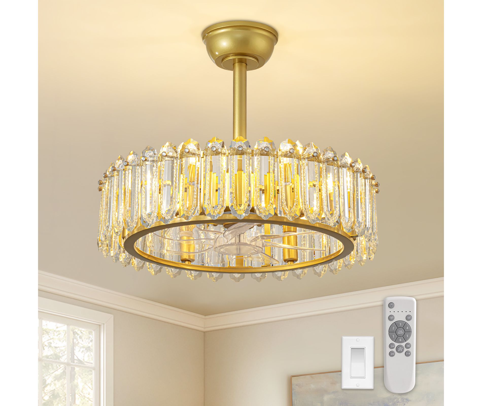 Ludomide Modern Crystal Caged Ceiling Fan, 20" Gold Luxury Crystal Round Bladeless Chandelier Fan Light with Remote