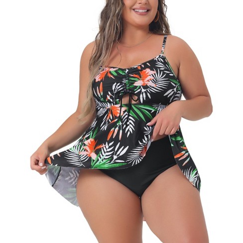 Agnes Orinda Women s Plus Size Floral Drawstring Ruffle High Waisted 2 Piece Bikini Sets Black Large