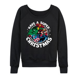 Women's - Marvel - Have A Super Christmas Avengers Lightweight French Terry Wide Neck Long Sleeve Shirt - 1 of 4