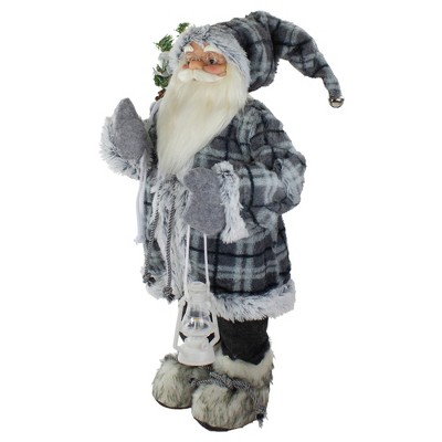 24" Gray Plaid Santa Figurine with Lantern and Faux Fur