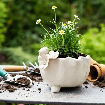 Ceramic Planter Pot with Bird and Floral Design - Plant Pot for Indoor & Outdoor - Decorative Footed Flower Pot - 6" Ivory & Tan