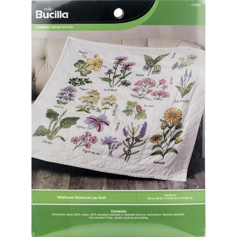 Bucilla Stamped Cross Stitch Lap Quilt Kit 45"X45"-Wildflower Botanical, 1 of 4
