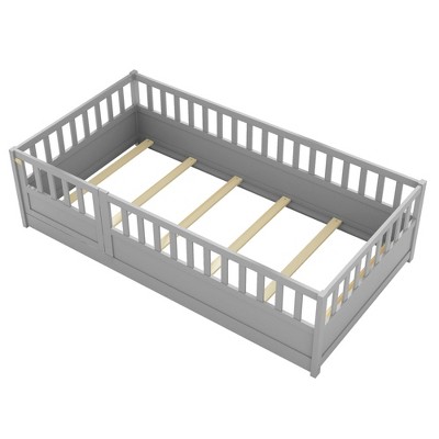 AZL1 Life Concept Beds Montessori Twin Floor Bed with Secure Fencing, Safe and Versatile Wooden Sleep Space for Children, Grey, 78.19"*41.77"*21.46"