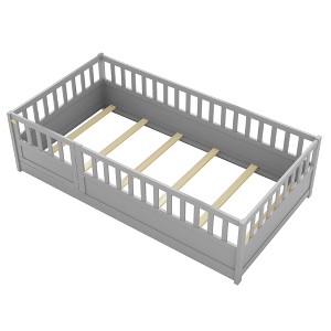 AZL1 Life Concept Beds Montessori Twin Floor Bed with Secure Fencing, Safe and Versatile Wooden Sleep Space for Children, Grey, 78.19"*41.77"*21.46" - 1 of 4