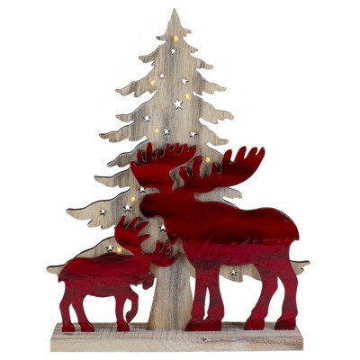 Northlight 13.5" Lighted White Tree With Two Red and Black Moose Christmas Tabletop Decor