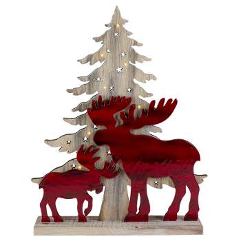 Northlight 13.5" Lighted Red Moose and Christmas Tree Wooden LED Battery Operated Decoration