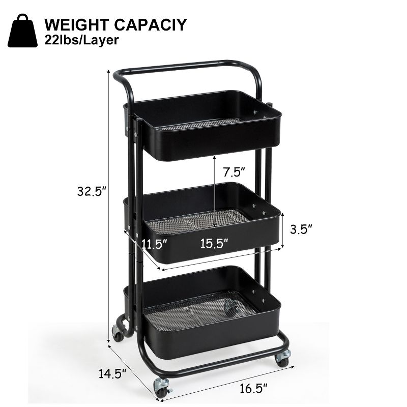 32.5''3-Tier Metal Rolling Storage Cart Trolley Kitchen 2 Brakes W/Handle Black, 2 of 11