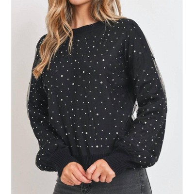 Women's Rhinestone Sheer Overlay Sweater - Sweet Rain