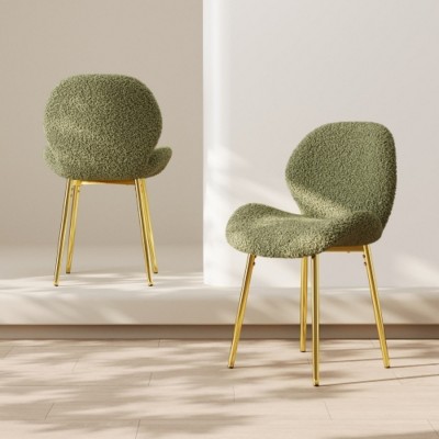 Set of 2 Modern Upholstered Dining Chairs with Gold Metal Legs, Cozy Side Chairs in Teddy Fabric for Kitchen or Dining Room–The Pop Home