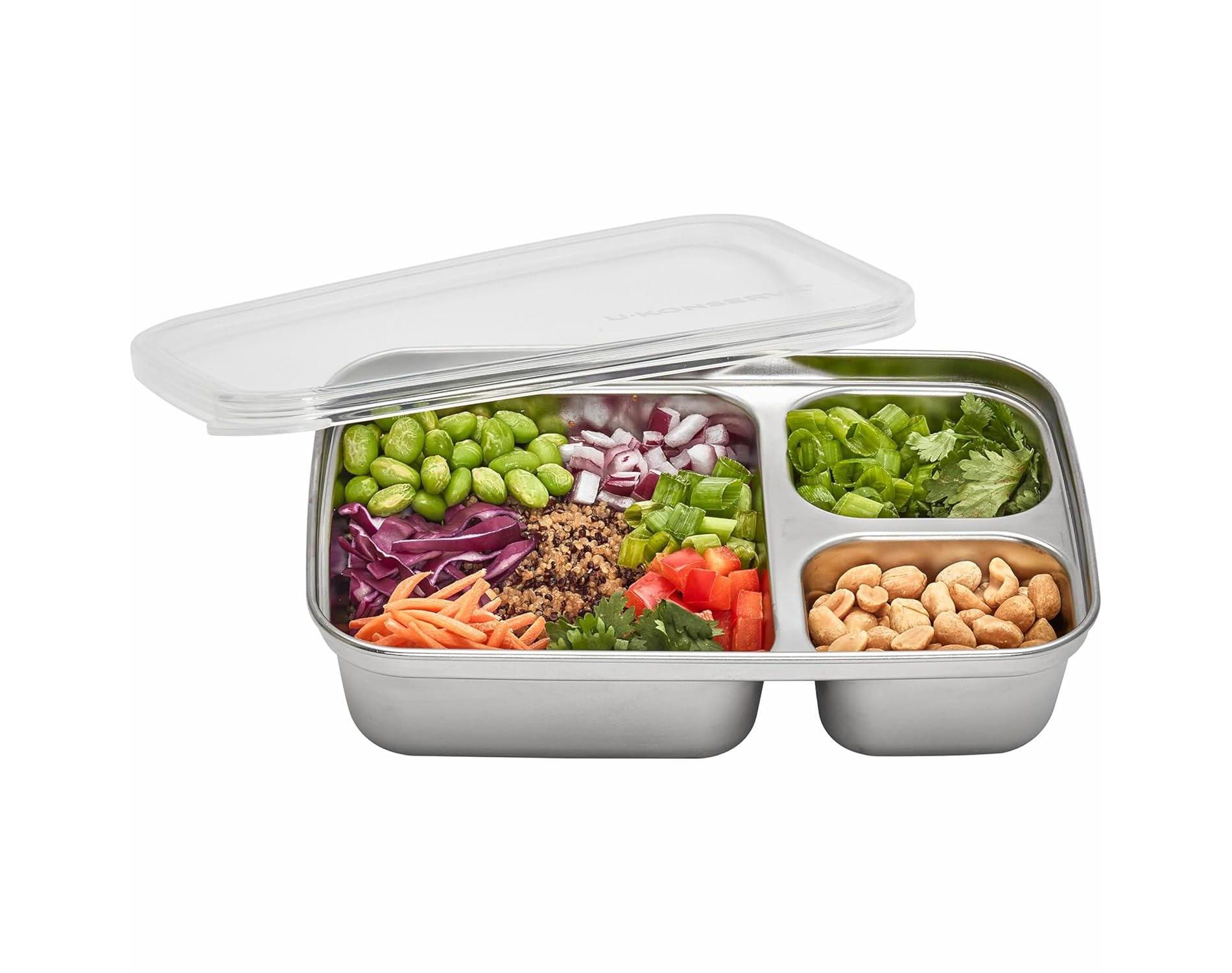 U Konserve Stainless Steel Leak Proof Divided Food Storage Container - 3 Section Rectangle - 24oz - Clear