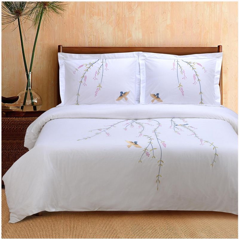 Classic Spring Solid Embroidered Modern 200-Thread Count Ultra-Soft Cotton 3-Piece Duvet Cover Set with Matching Pillowshams by Blue Nile Mills, 3 of 4