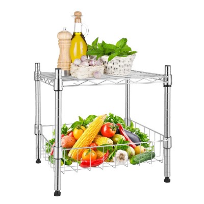 FONTOI Storage Racks, 1-Tier Adjustable Shelving Unit with Basket, Wire Stackable Storage Organizer for Garage Kitchen, Sliver, 13.8"*14.6"*15"