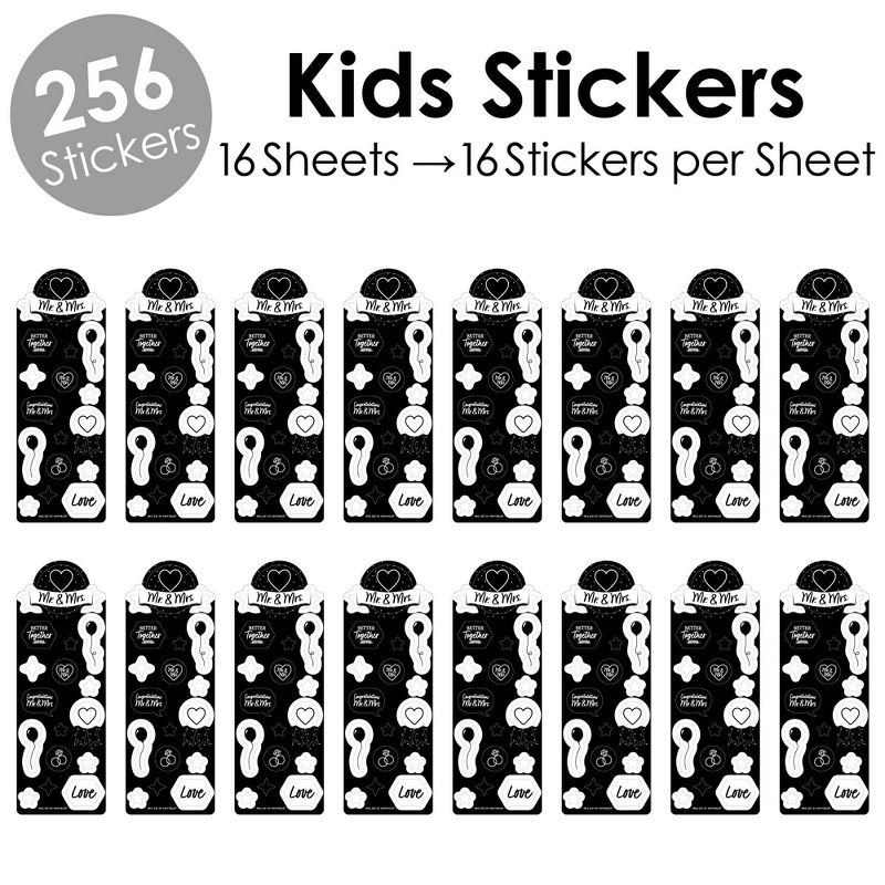 Big Dot of Happiness Mr. and Mrs. - Black and White Wedding or Bridal Shower Favor Kids Stickers - 16 Sheets - 256 Stickers, 2 of 7