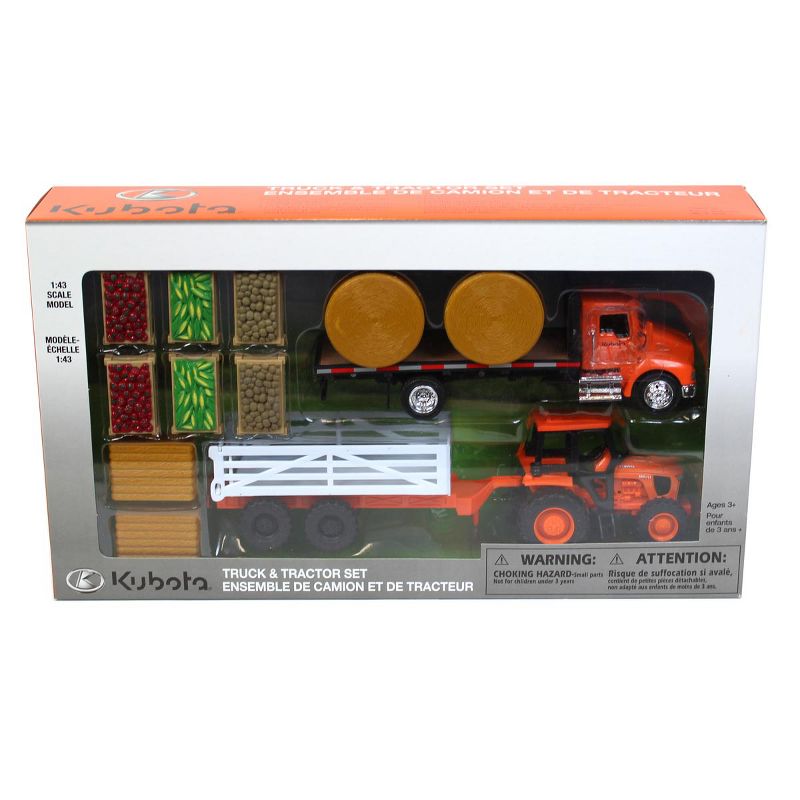 New Ray 1/43 Kubota Farm Tractor Play Set with Truck, Trailer, Crates, & Bales SS-15815A, 2 of 3