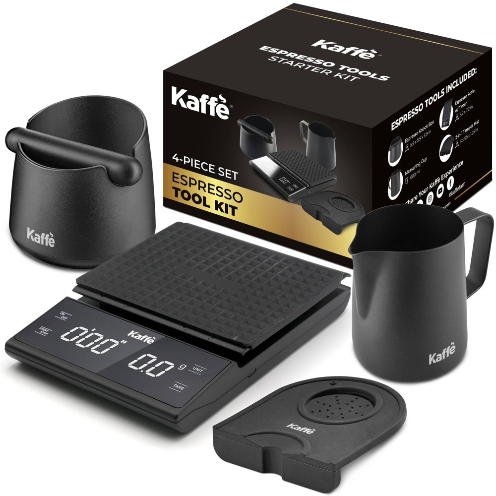 Kaffe 4pc Espresso Tool Kit Tamper, Measuring Cup, Scale, Knock Box