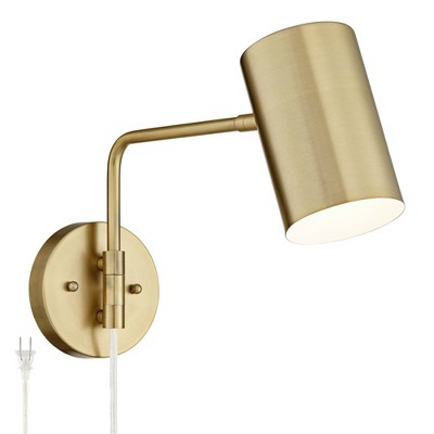 360 Lighting Modern Swing Arm Wall Lamp Brushed Brass Plug-In Light Fixture Cylinder Down Shade for Bedroom Living Room Reading